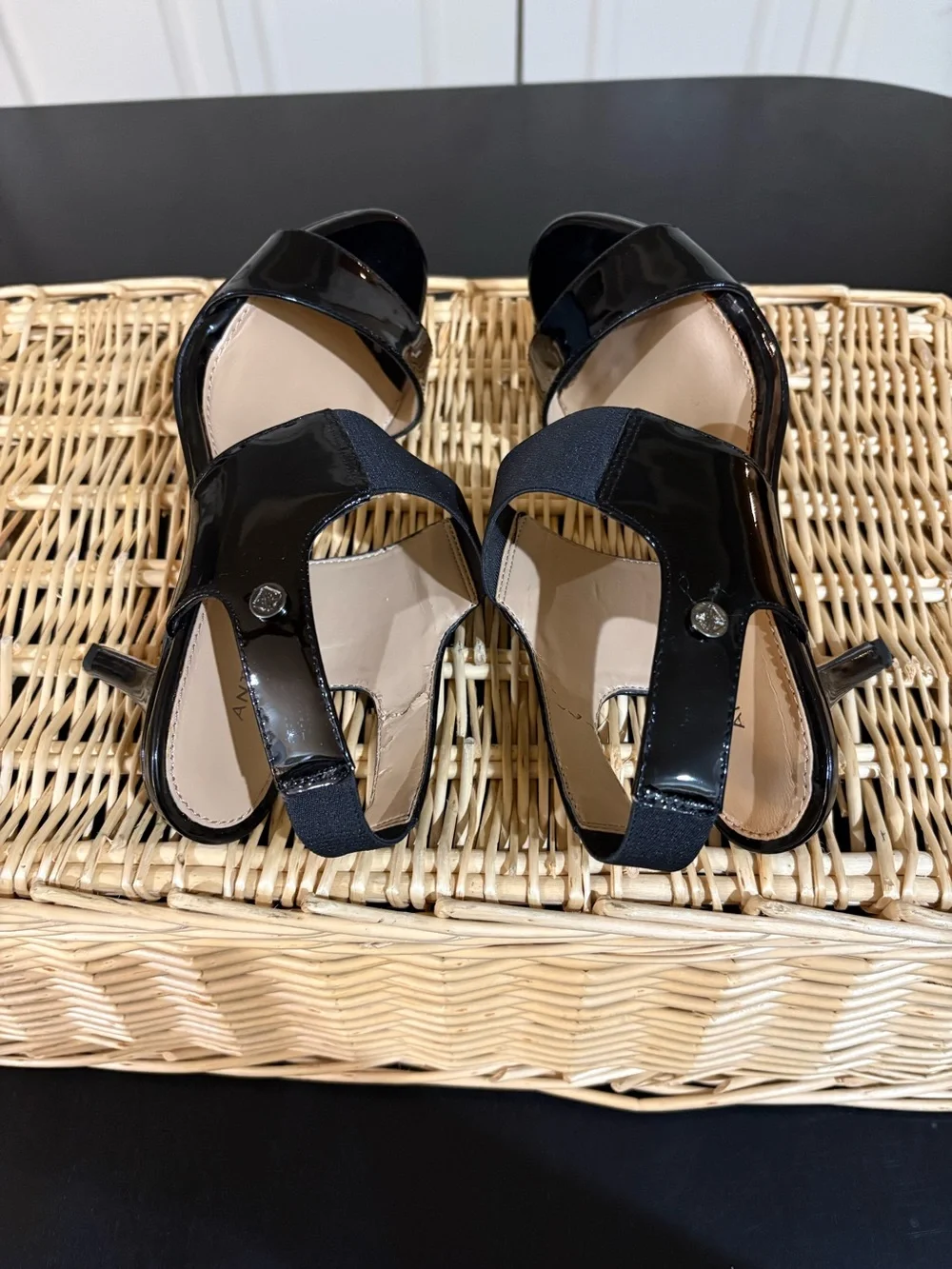 Antonio Melani Black Patent Slingback Heels with Elastic Strap - Women Shoes